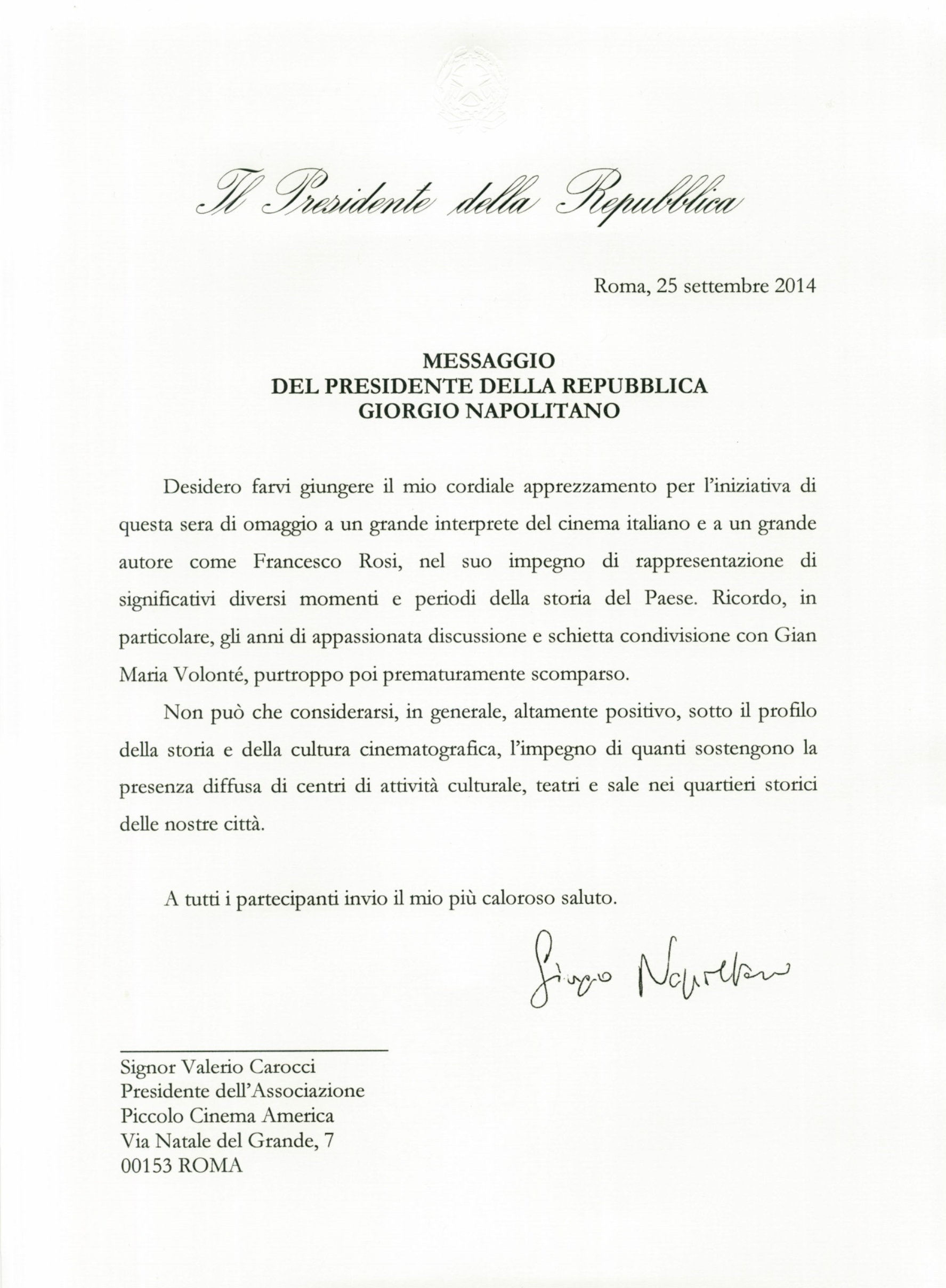 La lettera del Presidente della Repubblica ai Ragazzi del Cinema America